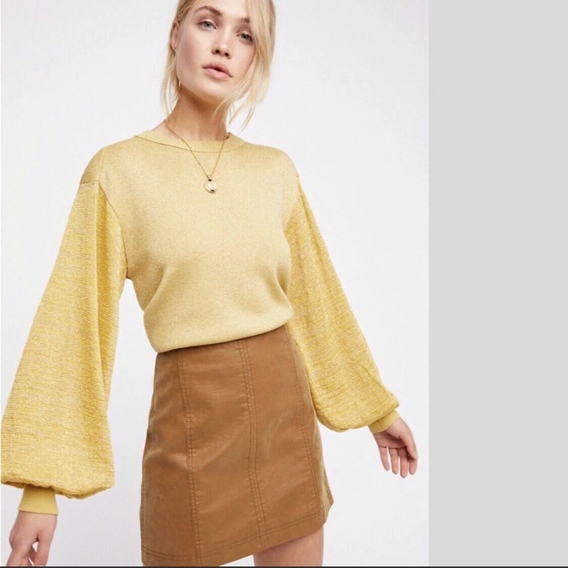 Free People Women Let It Shine Sweater XS Gold Metallic Knit Crop Balloon Sleeve