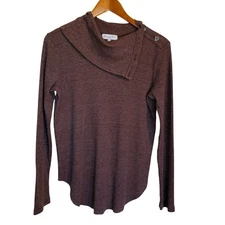 Michael Stars Top Women Med Brown Asymmetrical Neck Button Detail Waffle Knit