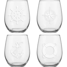 Set of 4 Stemless Boat Wine Glasses – 16oz Unbreakable Plastic Nautical Glasses