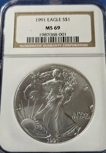 A 1991 $1 American Silver Eagle NGC MS69 Brown Label
