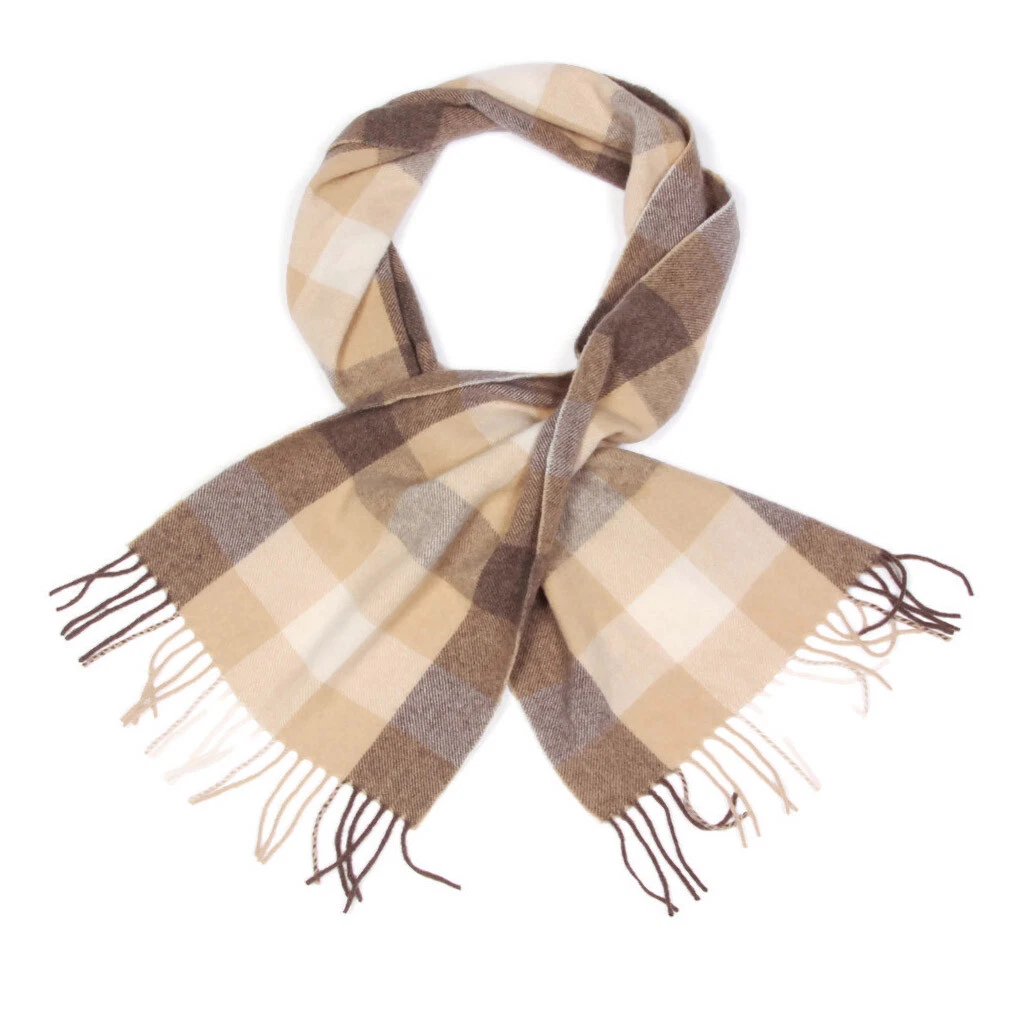LOCHMERE 100% Cashmere Brown Beige Natural Check Fringe Hem Scarf /5098