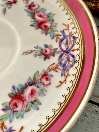 READ Spode Copeland Large Tea Cup Saucer Scrolled Handle Pink Roses Purple Bows - Picture 7 of 23