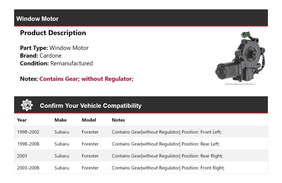 Para Subaru Forester 1998-2008 Ventana Motor Cardone 1999 2000 2001 2002 2003 2004 Foto 2 de 4
