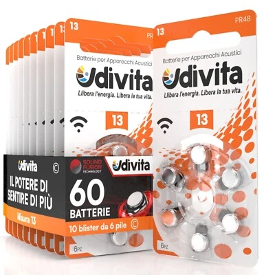 60 Batterie Pile Udivita 13 Apparecchi Acustici PROTESI Acustiche udito PR48