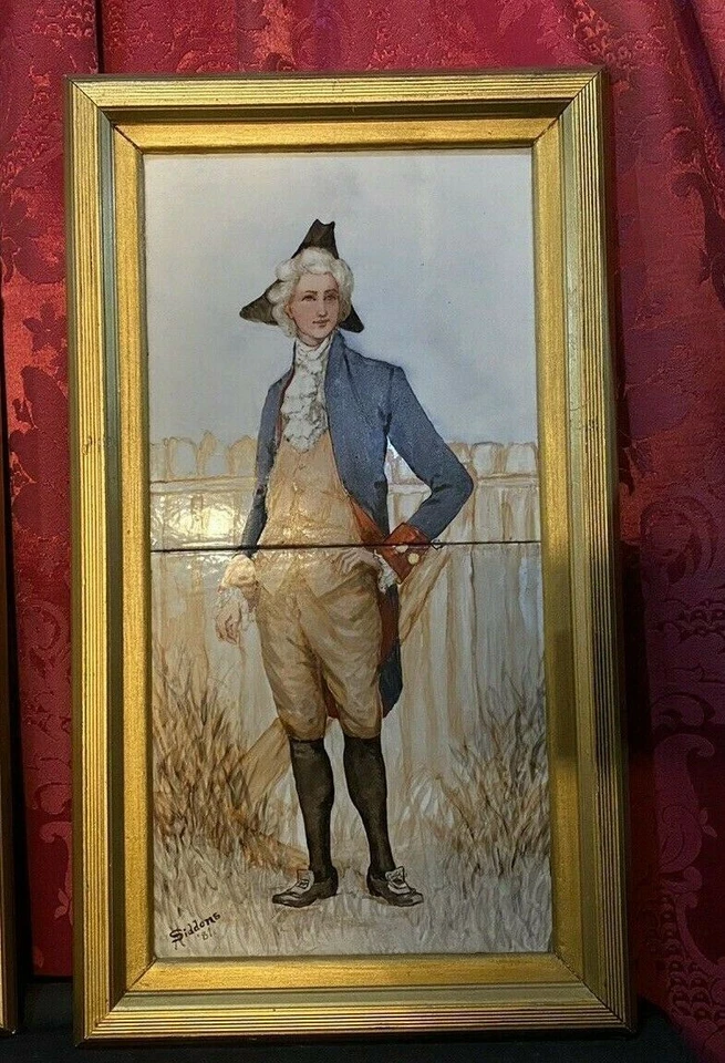 PAR DE AZULEJOS DE RETRATO ANTIGUOS DE PORCELANA MINTON ENMARCADOS LATERALES Foto 4 de 4