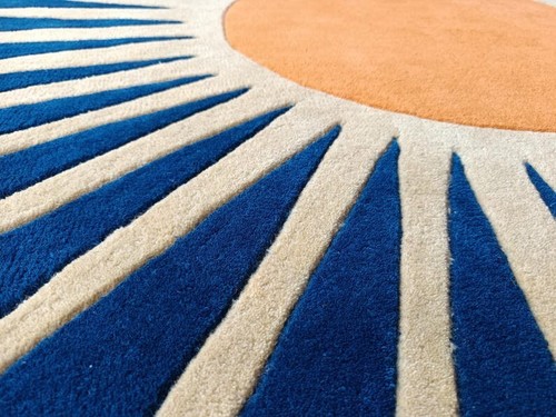Blue Yellow Sun Round Hand Tufted Woollen Carpet - Picture 4 of 4
