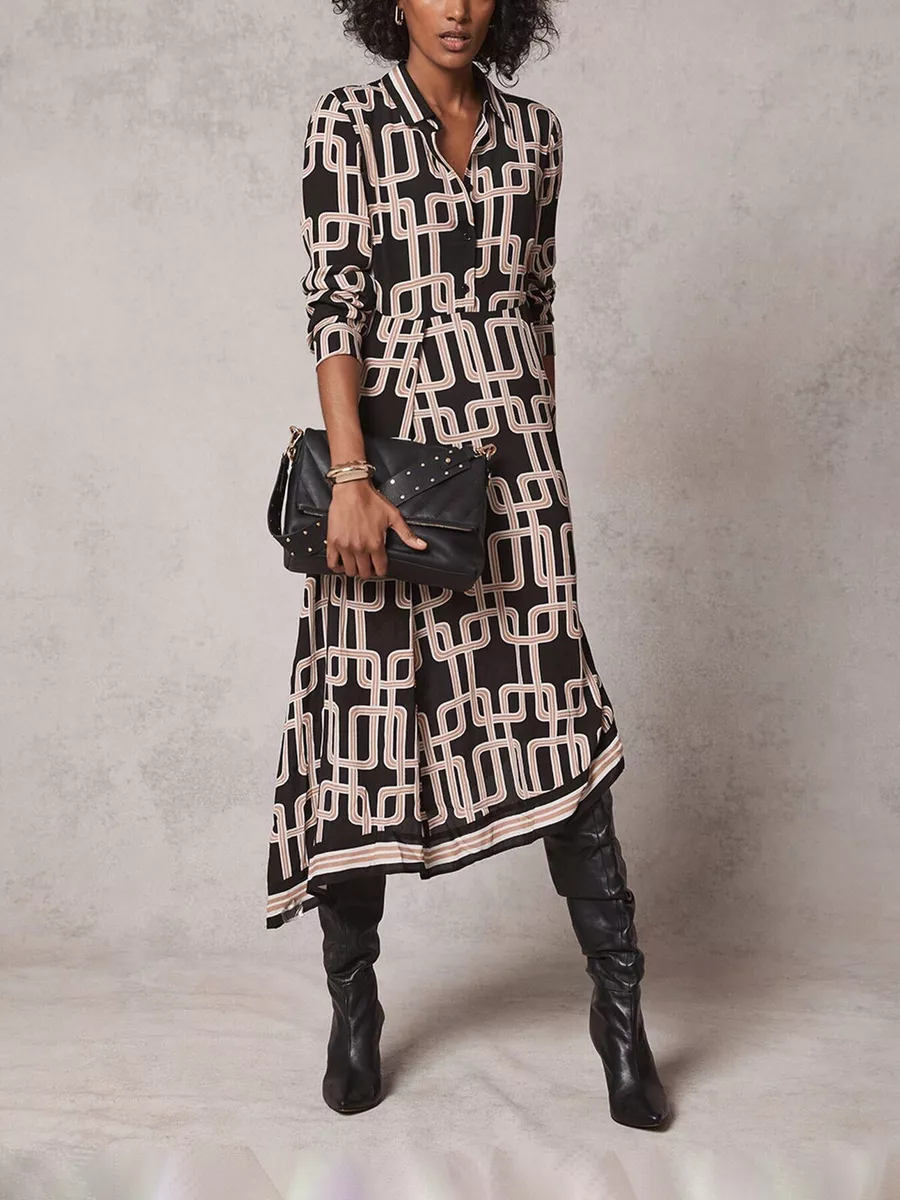 MINT VELVET Livia print blocked midi dress black UK 6