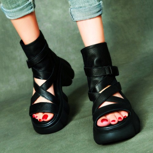 Thick Sole Ankle Boots Women Genuine Leather Gladiator Sandals Platform Creepers - Picture 3 of 10