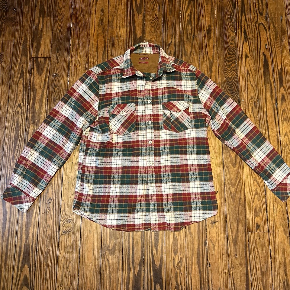 Franela a cuadros roja verde vintage abotonada con parches de gamuza en el codo para hombre M Foto 2 de 4