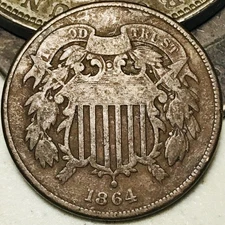 1864 Two Cent Piece 2C Civil War Date Large Motto US Copper Coin CC28112