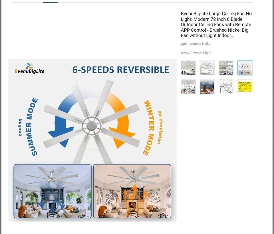 Large Modern 72 Inch 8 Blade Ceiling Fan with Remote  Brushed Nickel, No Light - Image 4 of 4