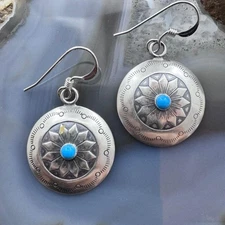 Native American Sterling Silver Turquoise Dot Stamped Concho Dangle Earrings