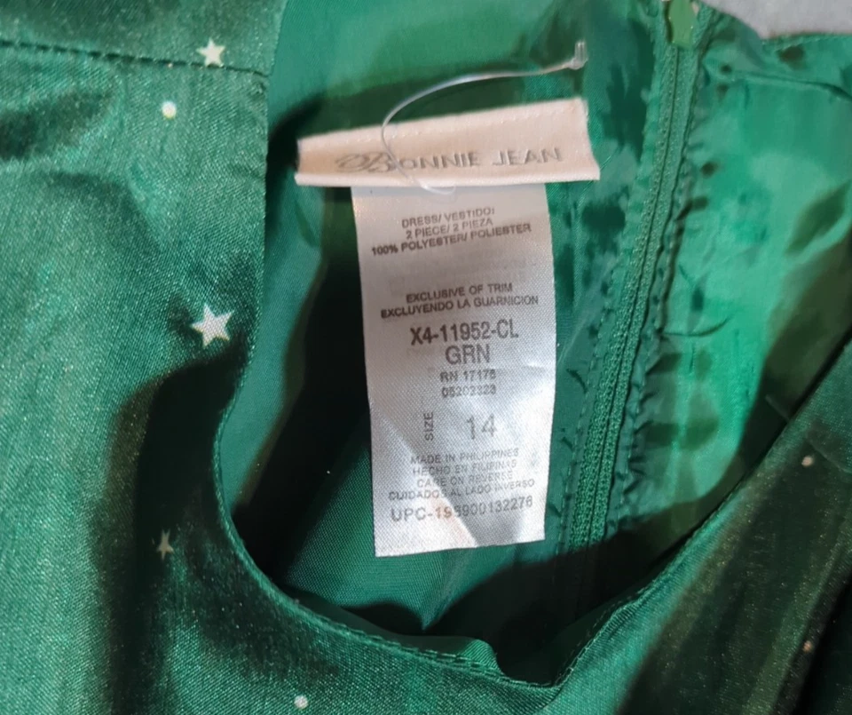 Bonnie Jean Green Nutcracker-Themed Holiday Dress Gold Bow Lined Size 14 - Image 2 of 4