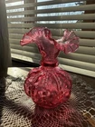 Vintage Fenton Cranberry Glass Beaded Melon Vase Crimped Ruffled Rim 6”H