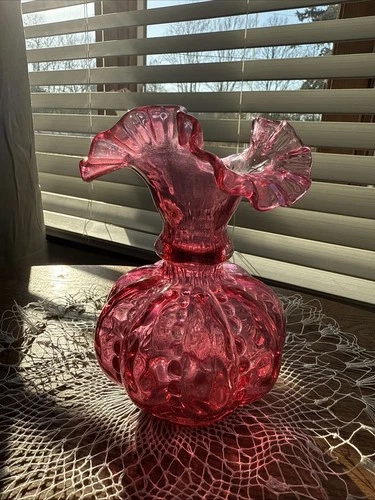 Vintage Fenton Cranberry Glass Beaded Melon Vase Crimped Ruffled Rim 6”H