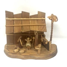 Vintage Christmas Handmade Carved Wood Nativity Manger Scene Small