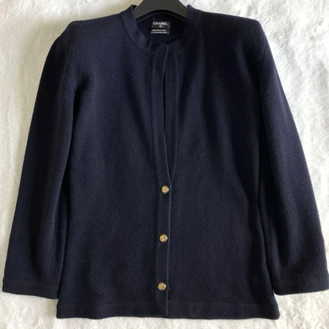 Giacca Chanel Cashmere Coco Oro Bottone Ricamo Senza Collo Maglia Navy