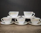 5 Sets Of Vintage Federal Glass Moonglow Cups & Saucers Opalescent Irridescent