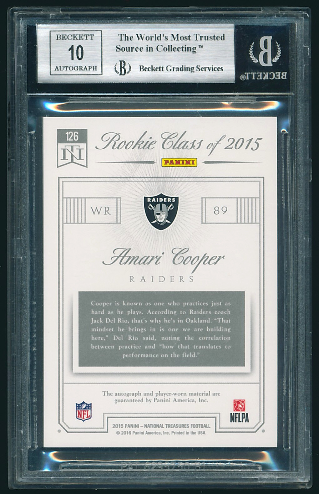 2015 National Treasures Blue #126 Amari Cooper RC Auto RPA Patch 1/1 BGS 9 Mint view 2