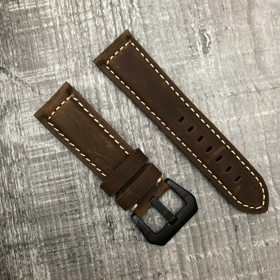 Marron Foncé Cuir Italien Bracelet Montre Pour Panerai Luminor Marina Pam 24mm - Photo 1/4