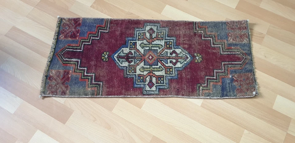 Alfombra pequeña antigua turca tejida a mano 39x85 cm vintage boho decoración del hogar Foto 2 de 4