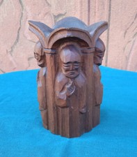 Scultura vaso metà '900 in legno intagliato a figure, arte etnica