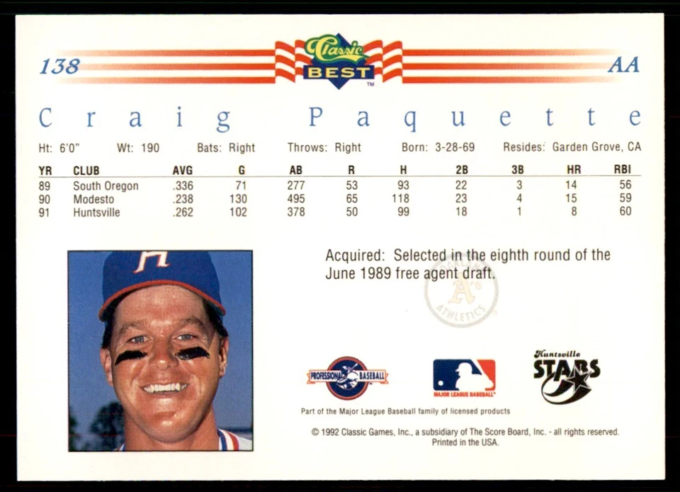 1992 Classic Best Craig Paquette Baseball Cards #138 - Image 2 of 2
