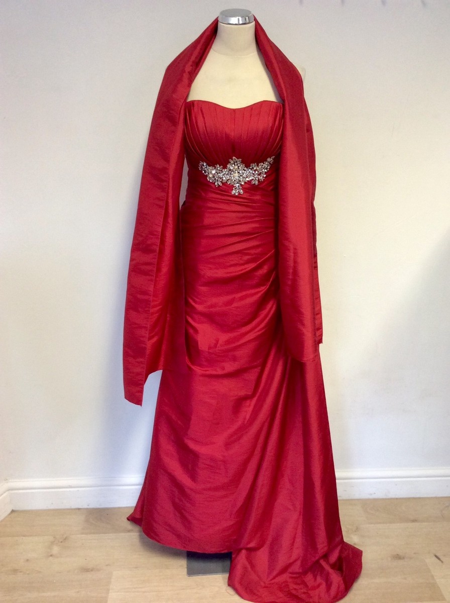 ROLAND JOYCE RED STRAPLESS/ STRAPPY DIAMANTÉ TRIM BALLGOWN WRAP