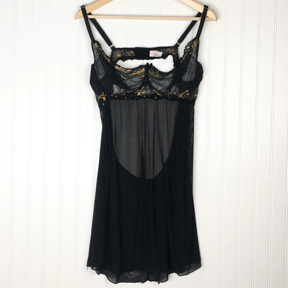 Elegante Momentos Mujer Babydoll Chemise Negro Dorado Sedoso Encaje Vestido Sexy Plus 3X Foto 2 de 4