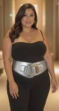 Women Silver Waist Fashion Elastic Stretch Hip Faux Leather Belt Hook L XL XXL