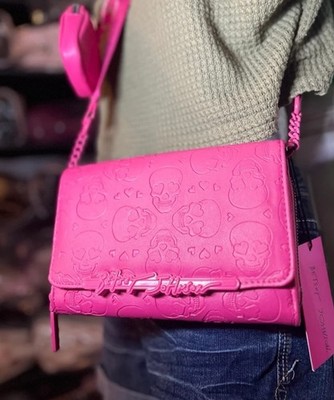 Betsey Johnson Pink Embossed Skulls Crossbody Bag XOLANDON Web
