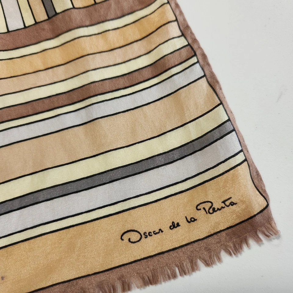 Oscar de la Renta Silk Scarf Vintage 10"x 50" Hand Rolled Edges Neutral Stripes - Image 3 of 4