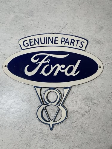 Vintage Porcelain Enamel Ford V8 Genuine Parts Advertising Sign 12”x12”