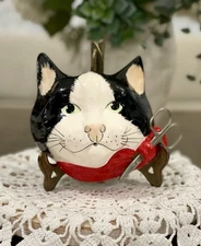 Babbacombe Pottery Tuxedo Cat Face W Red Bow Wall Mount String & Scissor Holder