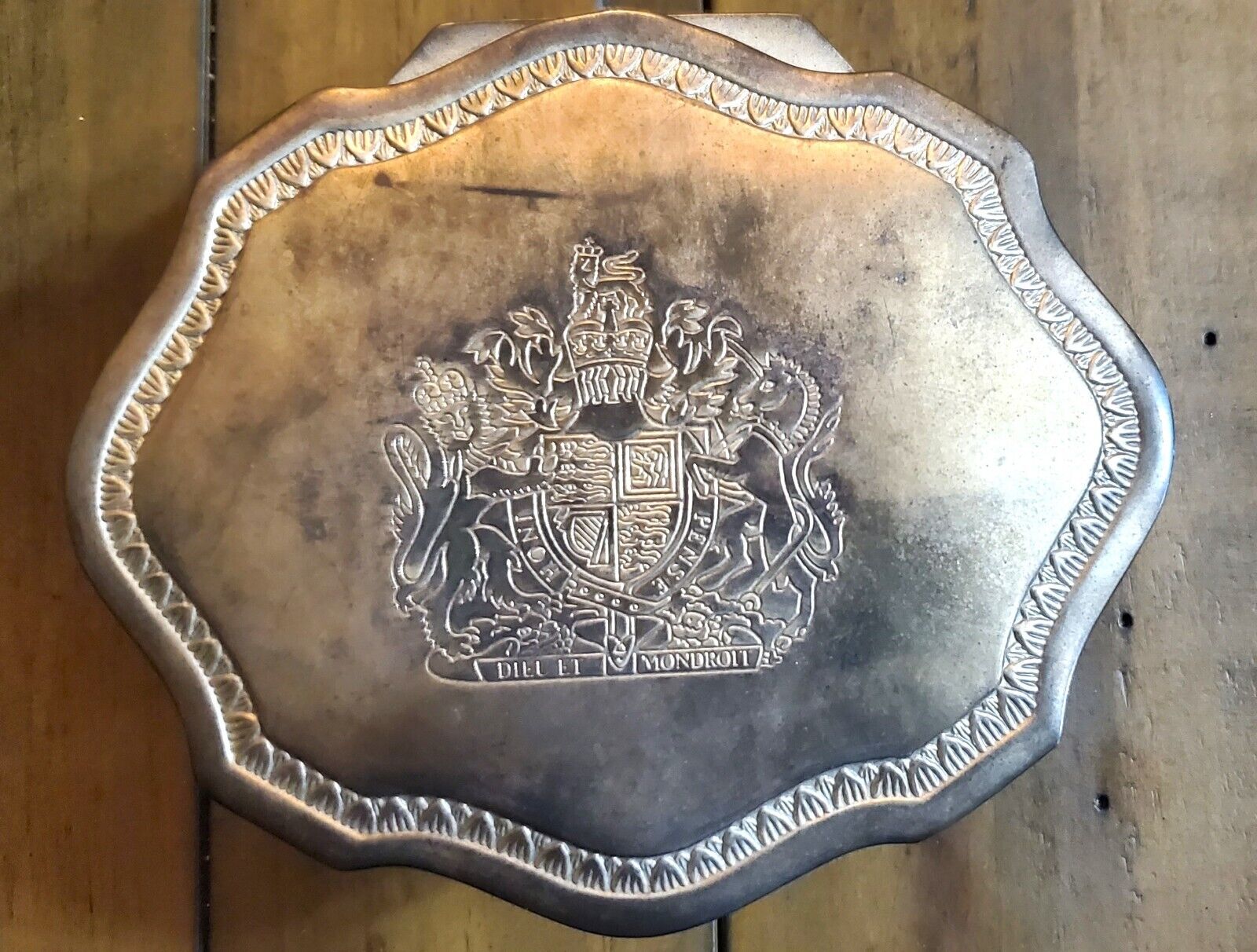 Vintage Dieu Et Mon Droit British Royal Crest Silverplate Trinket Jewelry Box
