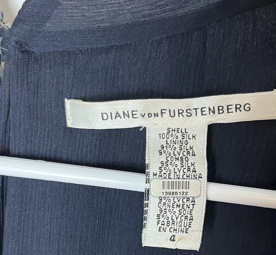 Vestido Diane von Furstenberg Seda Chifón Tull Midi Azul Marino Talla 4 Usado en Excelente Condición Foto 3 de 4