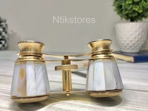 Mother of Pearl Accents Elegant Handle Vintage Opera Glasses Ornate Brass Frame - Picture 5 of 6