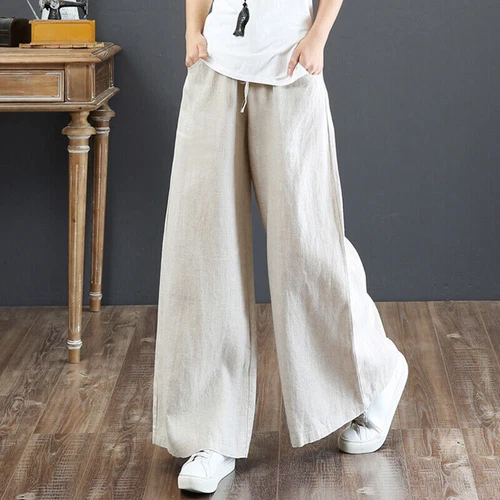 Summer Womens Cotton Linen Baggy Long Trousers Elastic High Waist Wide Leg Pants - Picture 19 of 31
