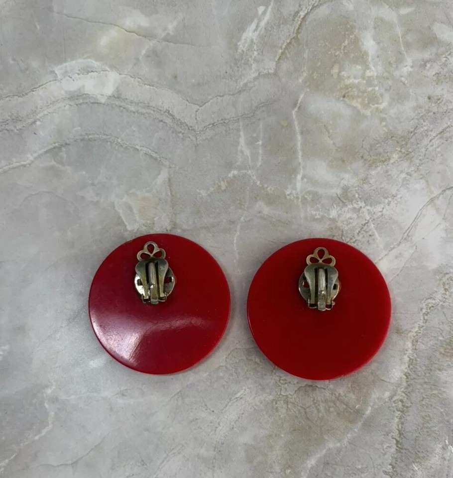 Vintage Statement Chunky Cherry Red Circle Button Lucite Clip On