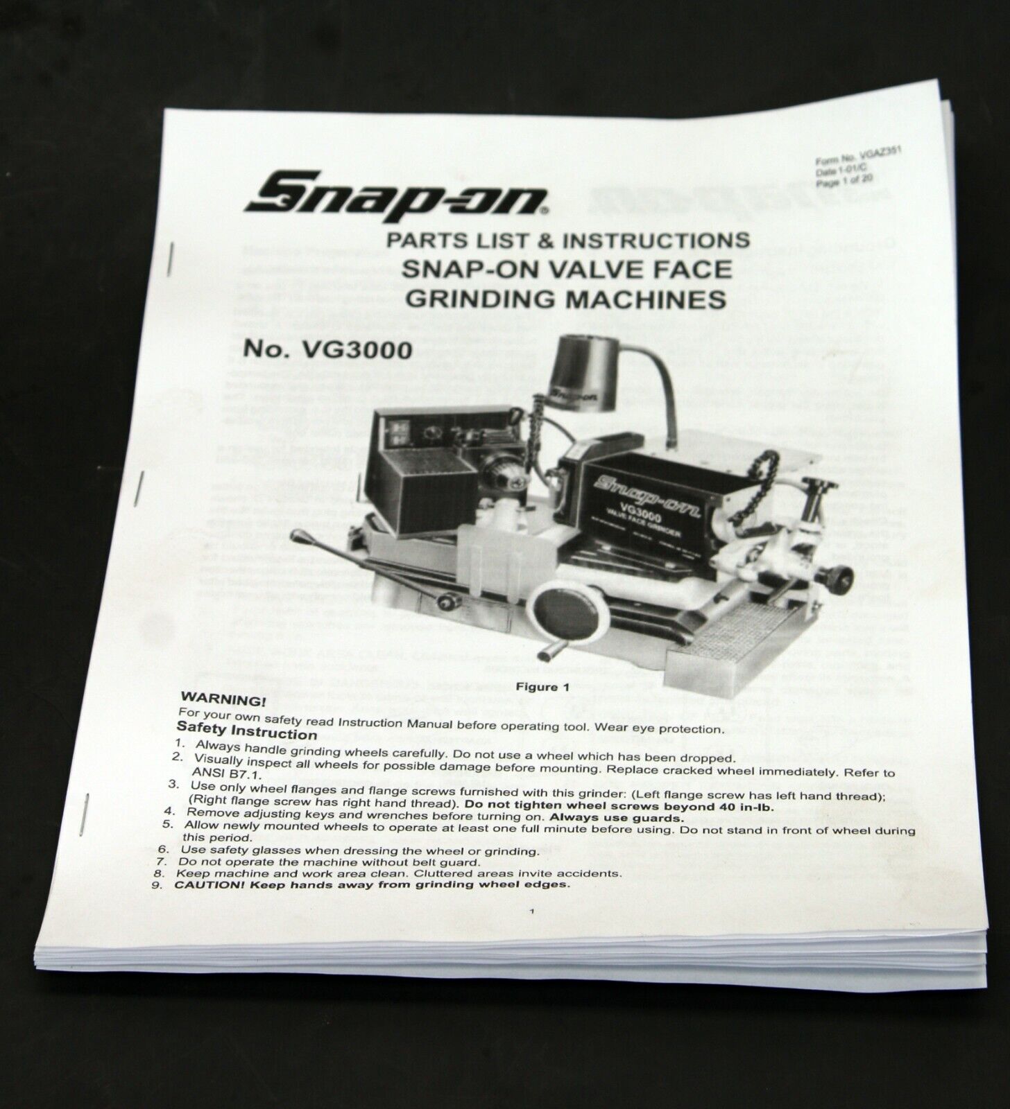 Snap-on VG3000 Valve Face Grinder Parts List & Instruction Manual