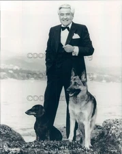 Press Photo Mr Rodeo Drive Fashion Retailer Fred Hayman in Tux With Dogs