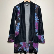 VTG Greater Good Network Women Cardigan Jacket Black Velour Floral Whimsygoth