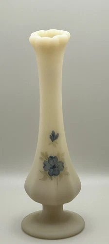 FENTON Blue Dogwood Flower  Satin Glass Hand Painted Bud Vase 7.5” Signed