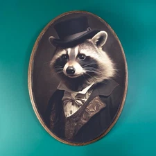 VICTORIAN RACCOON WOODEN DECOR, Gothic Wood Plaque, Fantasy Animal Hat Wall Art