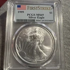1999 $1 AMERICAN SILVER EAGLE PCGS MS69 FLAG FIRST STRIKE LABEL