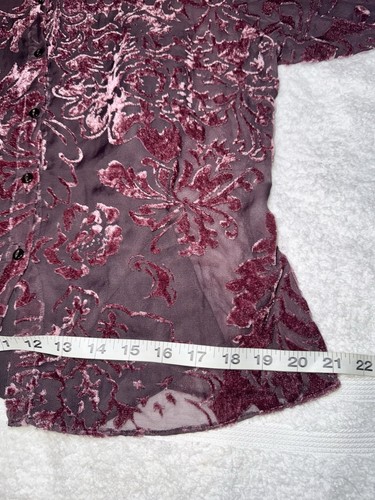 Worthington Velvet Blouse Sz 12 Burgundy Button Up Sheer Long Trumpet Sleeve EUC - Picture 7 of 11