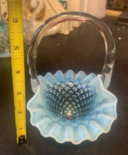 Fenton Blue Hobnail Handled Glass Basket Pre 1970