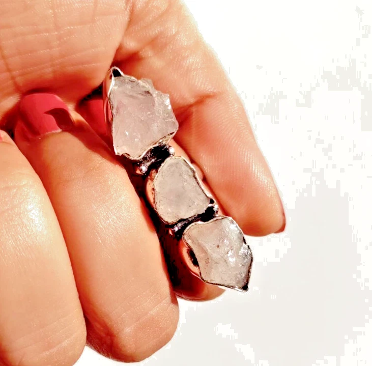 Natürlicher Rosenquarz Roh Edelstein 925 Sterling Silber Handarbeit Schmuck Ring - Bild 4 von 4