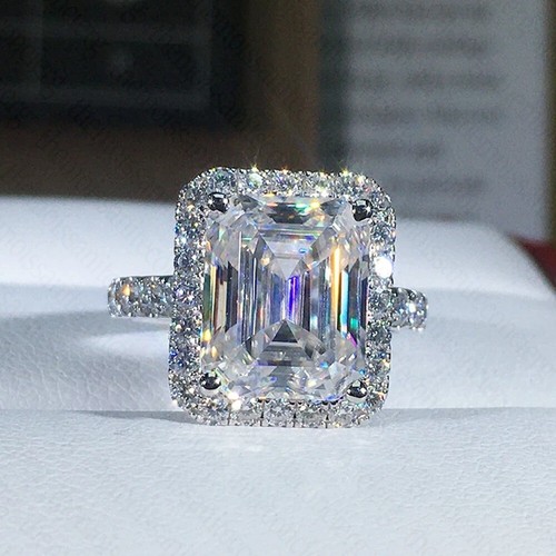 4.2Ctw Emerald Cut Moissanite Classic Halo Engagement Ring 14K White Gold Plated - Picture 7 of 17