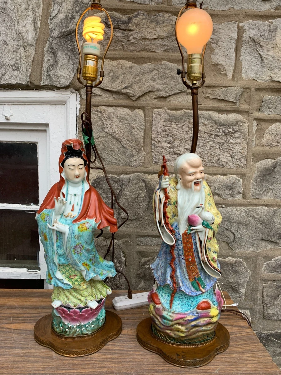 Antique Chinese Hand Painted Porcelain Table Lamp Chou Xing Guan